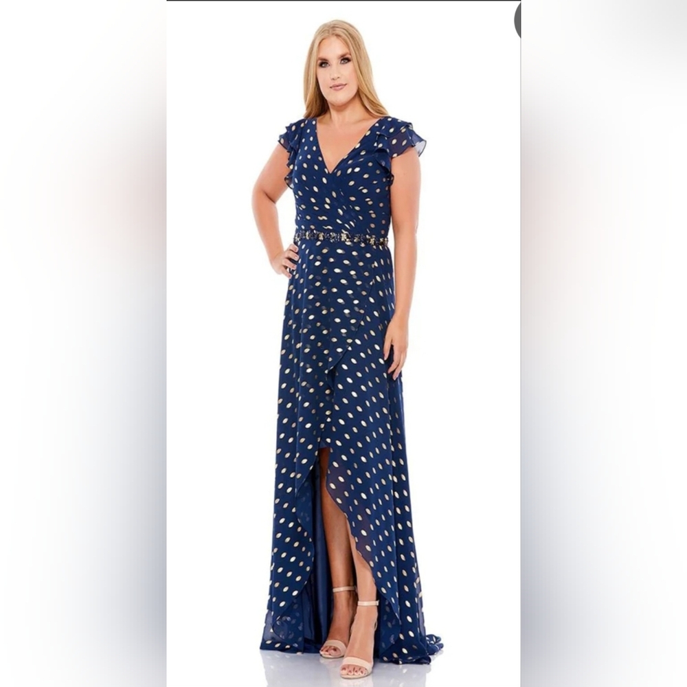 MacDougal Poka Dot Faux Wrap Ruffled Cap Sleeve Gown #G1327